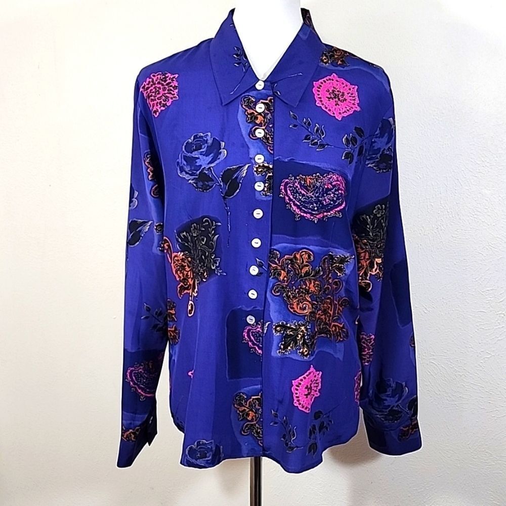 Victoria Soie silk vintage button down floral/rose print long sleeve top size XL